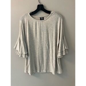 Bobeau Blouse Top Women's Size L White Long Tiered Ruffle Sleeve Crew Neck Rayon